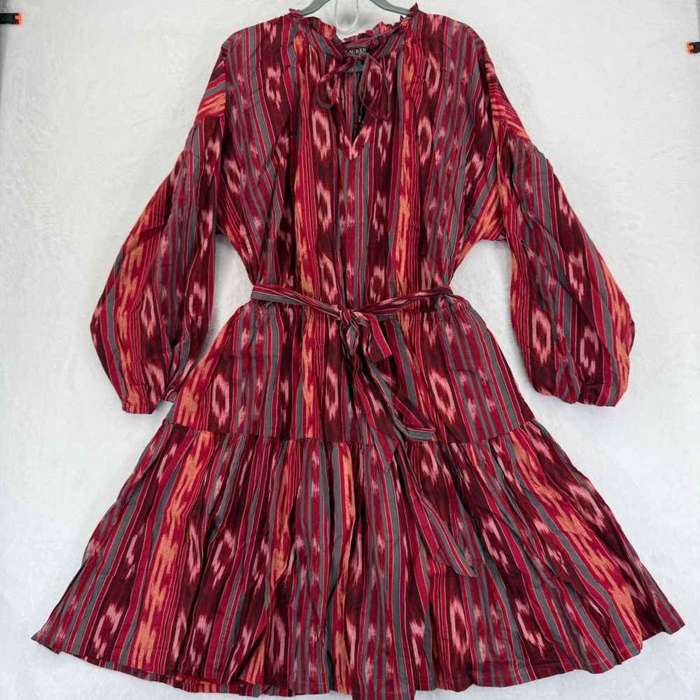 Lauren Ralph Lauren Dress Womens 22W Plus Size Tiered Ikat Print Tie Neck